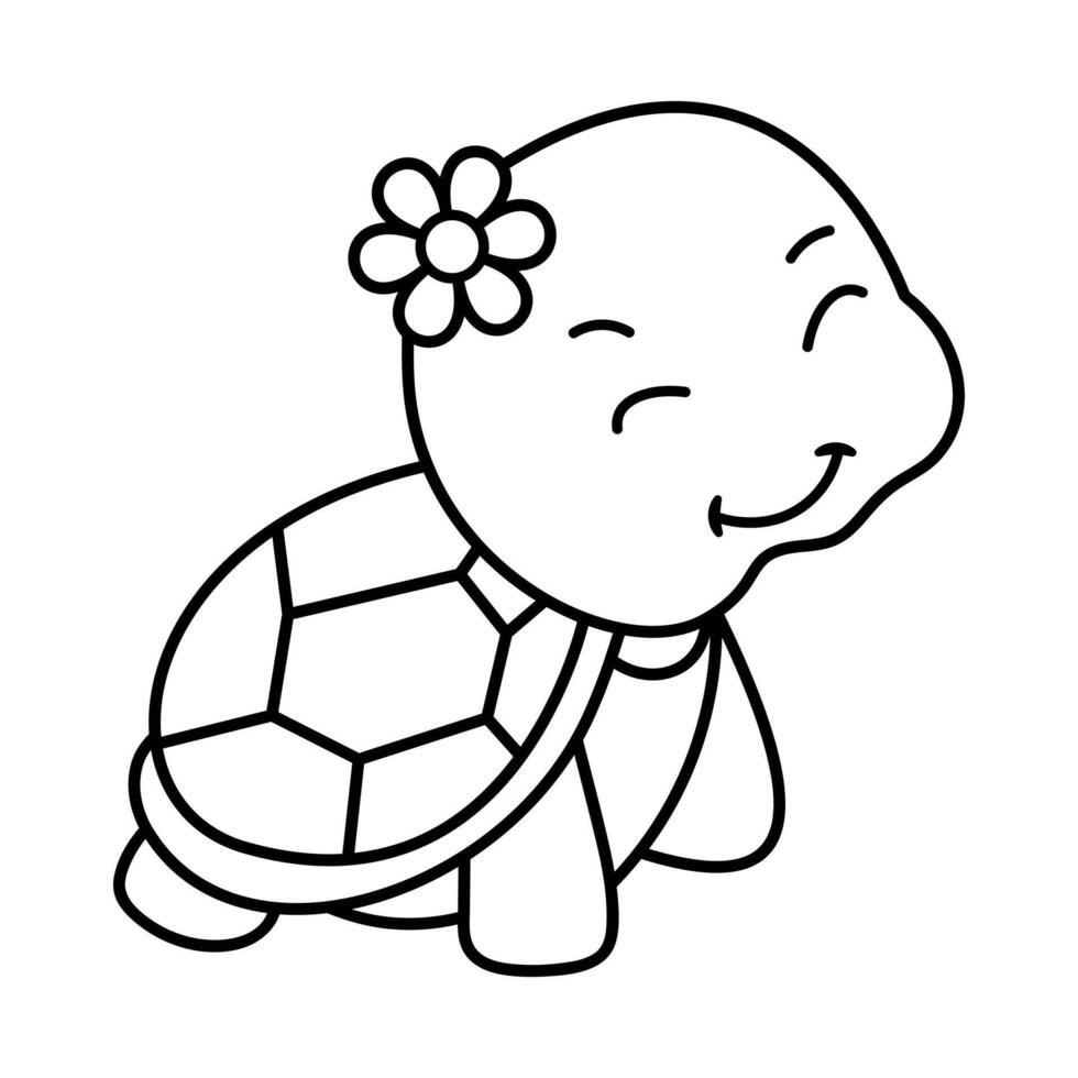 Smiling Turtle with a Flower Outline. The image is a black and white outline drawing of a cheerful turtle. The turtle has a large, smiling head adorned with a flower on the side. vector