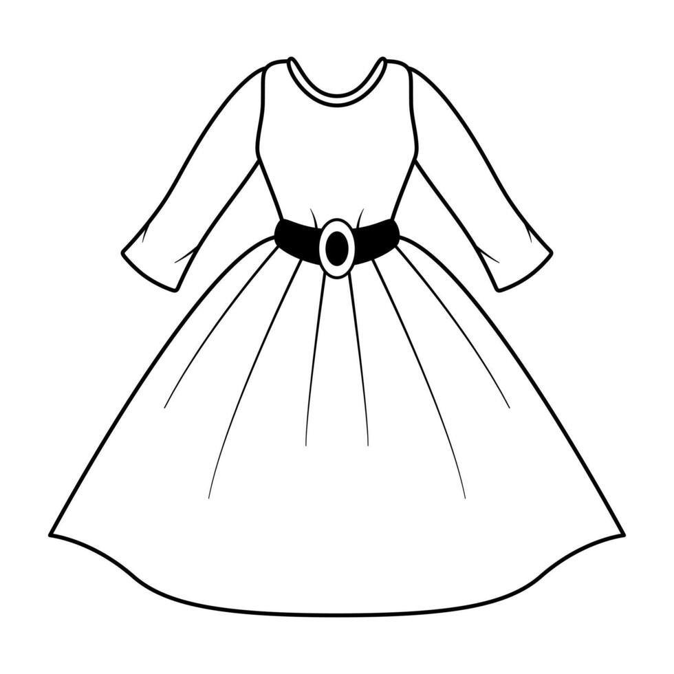 Elegant Dress with Belt Outline . This is a simple black and white illustration of an elegant dress. The dress has long sleeves, a fitted bodice vector