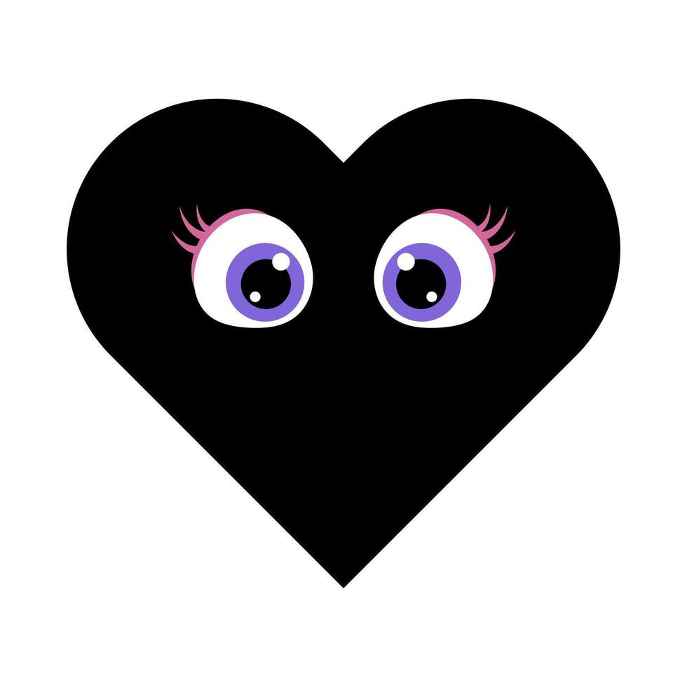 Cute Black Heart with Cartoon Eyes Illustration. A playful and charming design of a solid black heart with a pair of large, expressive cartoon eyes. vector