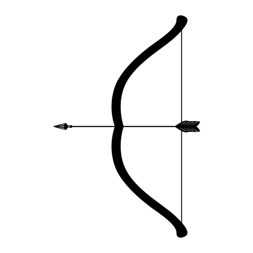 Bow and Arrow Silhouette Illustration. The bow is curved, with the string pulled back and an arrow is nocked, ready to be released. vector