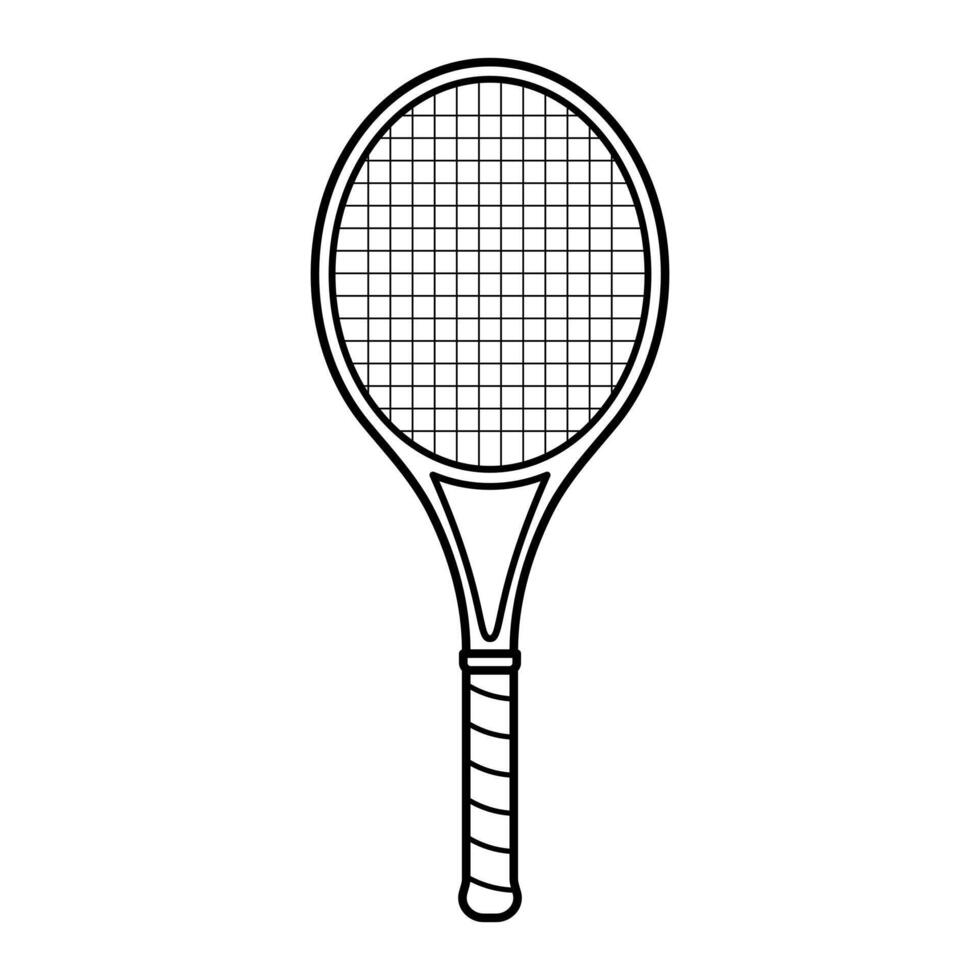 Tennis Racket Outline Illustration. The design showcases the classic oval shaped head with a grid of strings and a detailed grip handle. vector