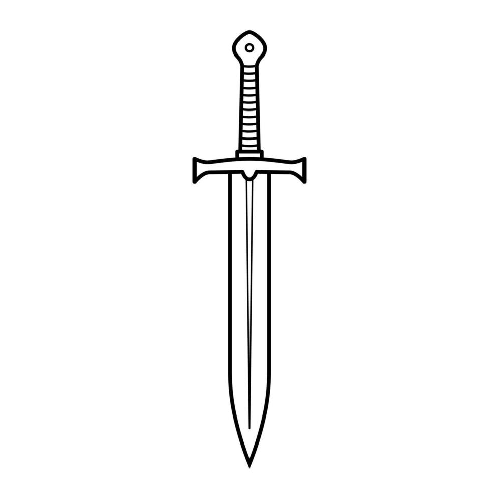 Sword Outline Illustration. A black and white illustration of a medieval style sword. The design features a long, pointed blade with a central ridge. vector