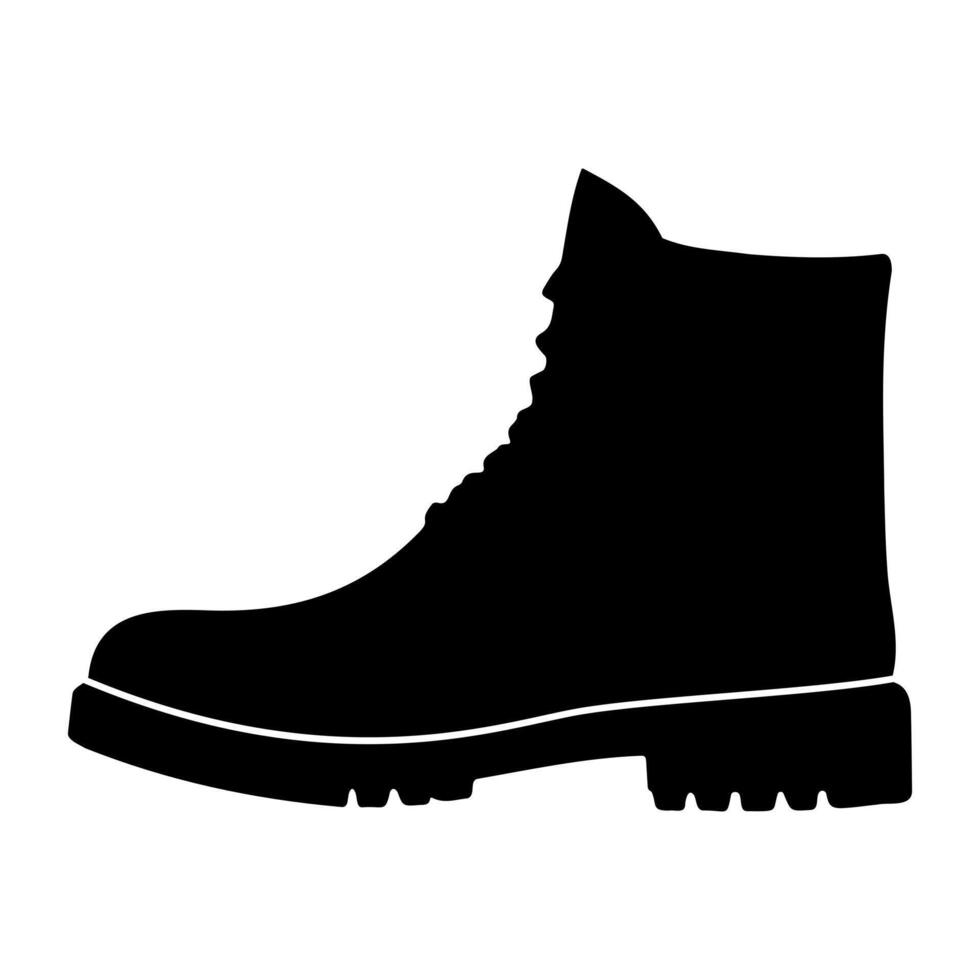 Hiking Boot Silhouette Illustration. The boot is designed with a high ankle for support and a thick sole with tread detailing, emphasizing durability and outdoor utility. vector
