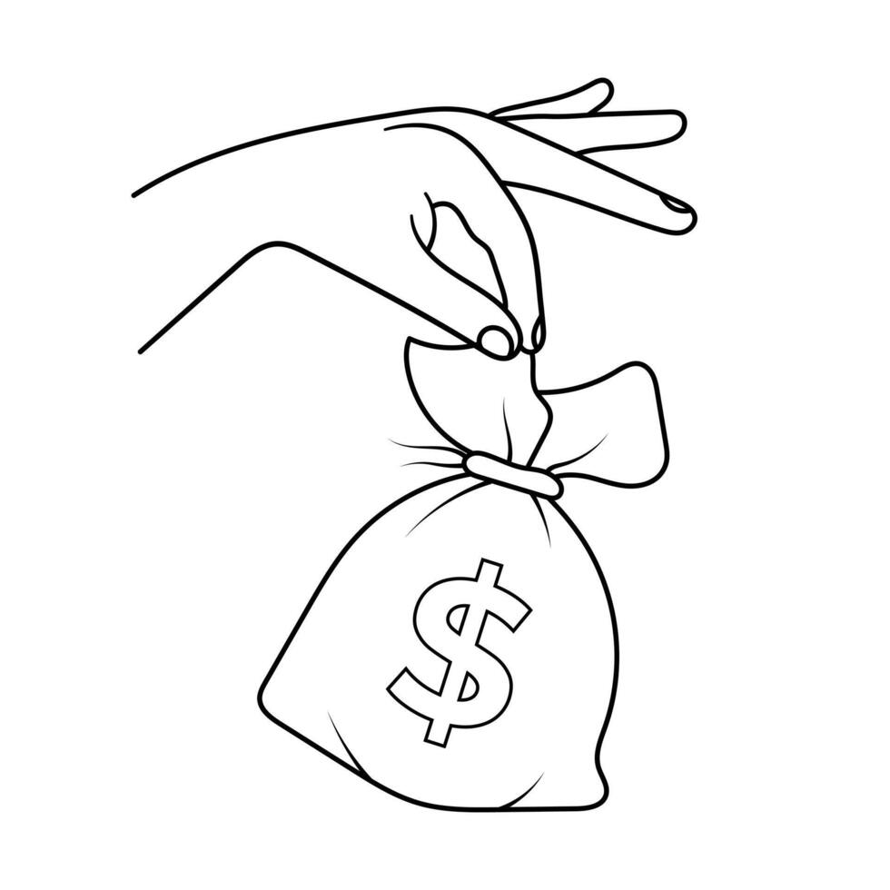 Hand Holding Money Bag with Dollar Sign Illustration. Black and white illustration of a hand delicately holding a tied money bag with a prominent dollar sign on the front. vector