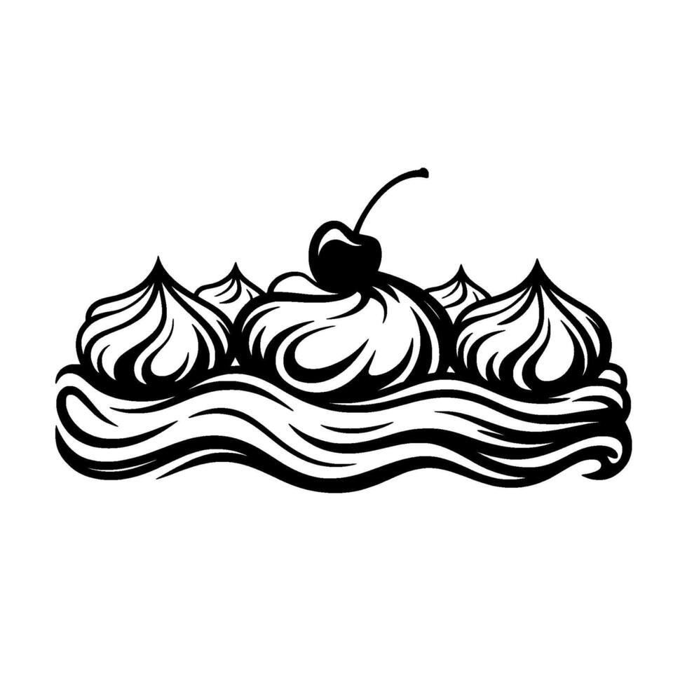 Elegant Dessert Illustration Cherry Cake, Black White, Minimalist. vector