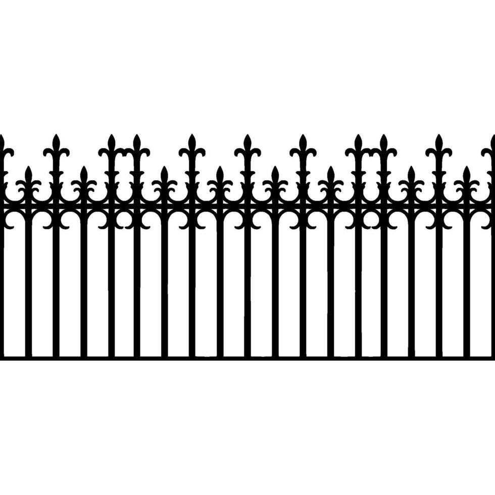 Black Ornate Wrought Iron Fence Silhouette on White Background. vector