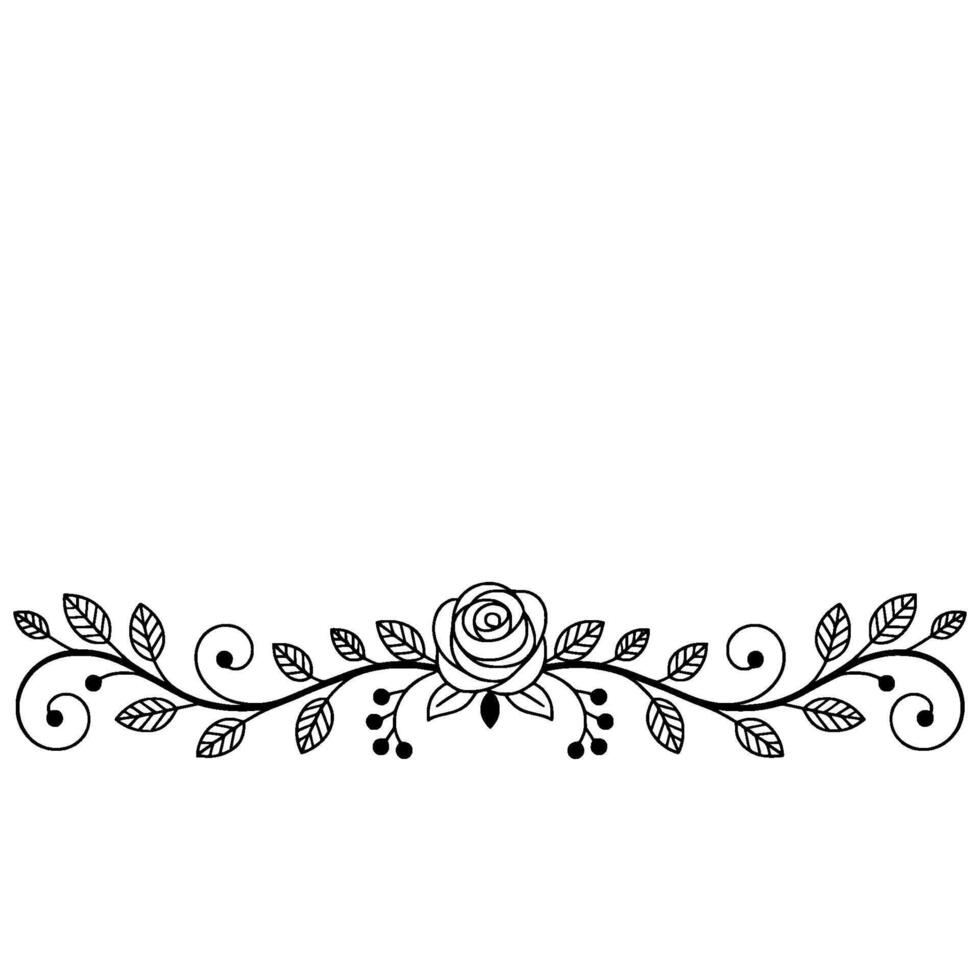 Minimalist Floral Border Element Rose, Leaves, Vines, Black White. vector