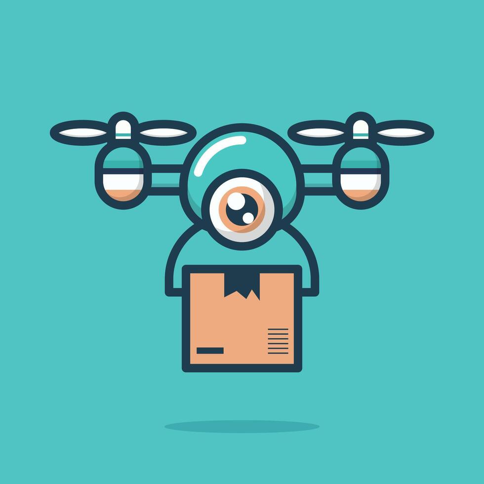 Delivery drone with parcel flying low cartoon flat design illustration vector