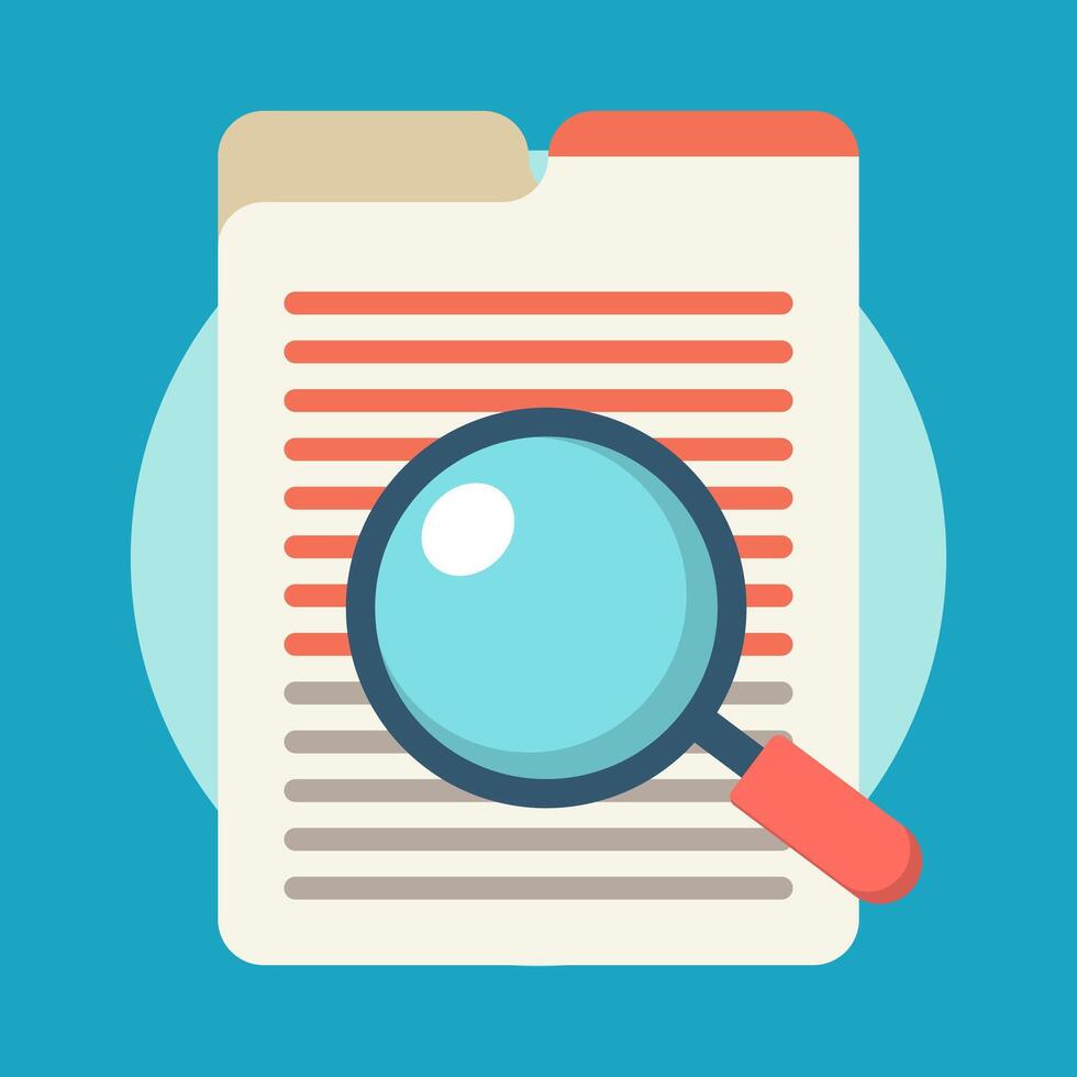 Scrutinizing document with magnifying glass cartoon flat design illustration vector