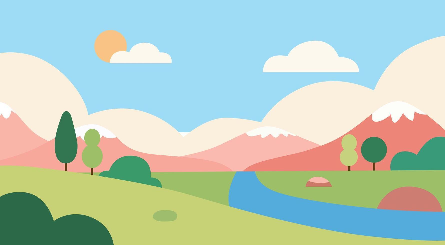 A cartoon landscape with mountains, trees and a river vector