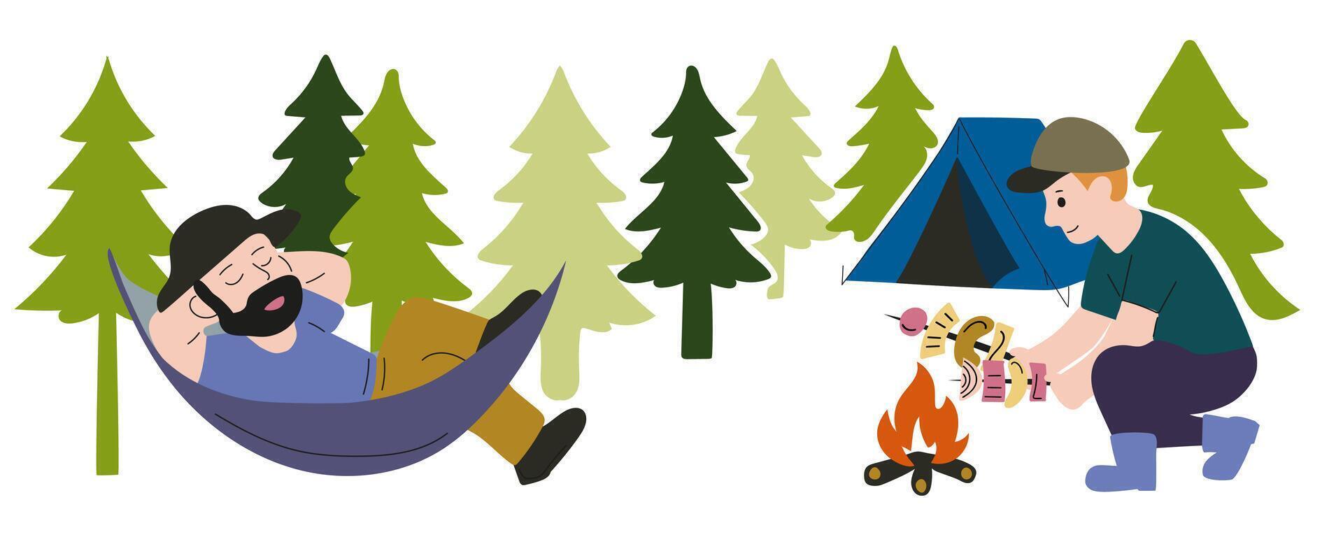 Two male tourists are resting in forest, one is frying fresh vegetables and sausages on fire, other is sleeping in hammock. White background, flat style, bright colors. vector