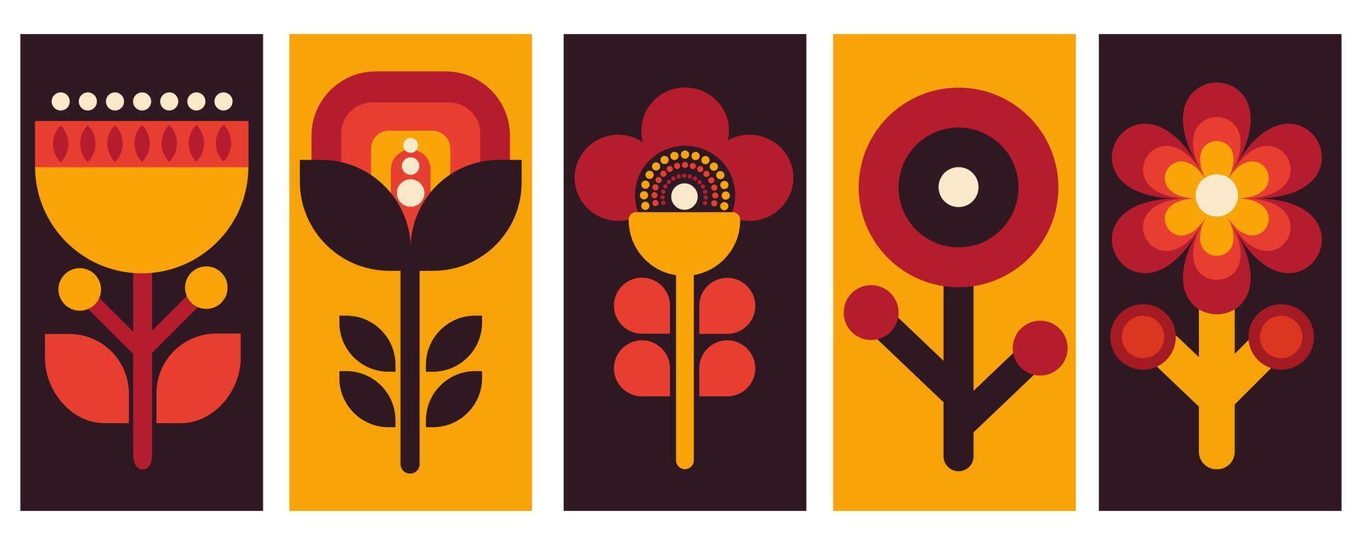Simple modern geometric flowers in Scandinavian style in red, black, orange colors. Set of flowers to create different designs. vector