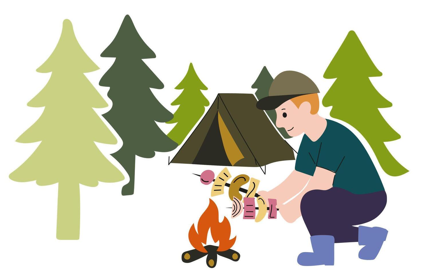 Young male tourist grilling fresh vegetables and sausages on sticks on fire against background of tent and forest trees. White background, flat style, bright colors vector