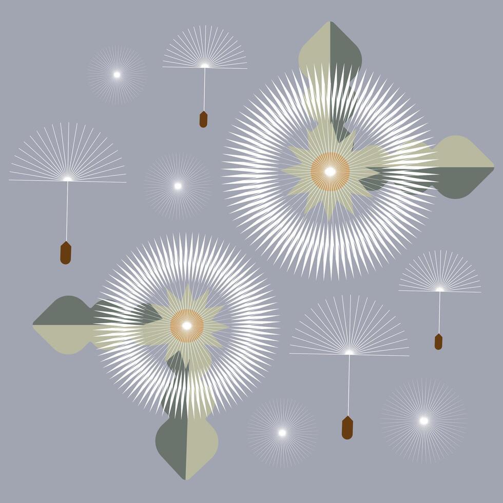 White geometric dandelion and dandelion seeds blowing in the wind isolated in grey background vector