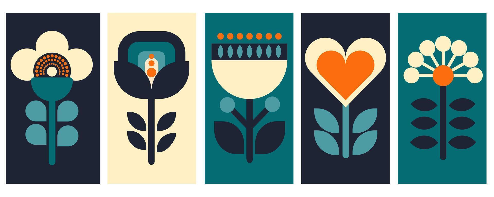 Set of flowers scandinavian designed modern created from simple figures in folklore style in blue, orang, beige color for creating any design, textile, wallpaper, background, postcards vector