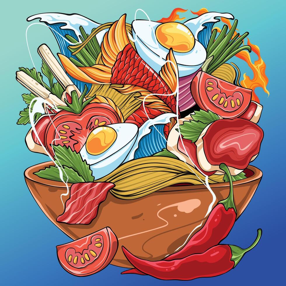 Noodle with tomato vector