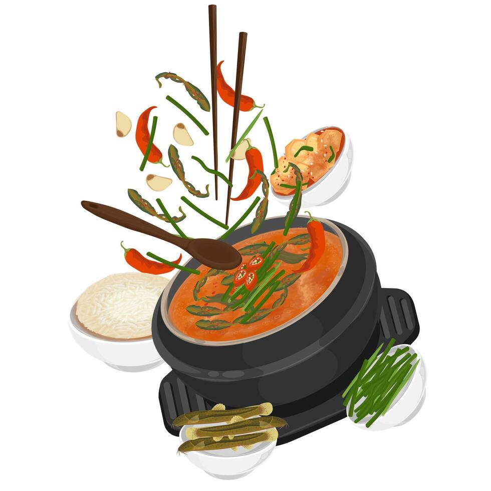 Illustration logo Clipart Levitation Korean traditional Soup Chueotang or Loach soup with Rice and Kimchi vector