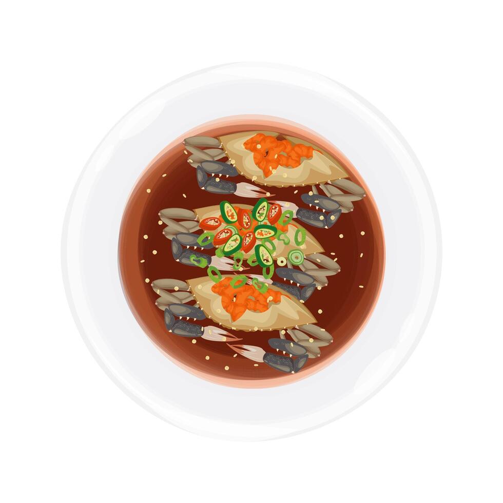 Illustration logo Clipart Top View Ganjang Gejang Raw Marinated Crabs on a White Plate vector