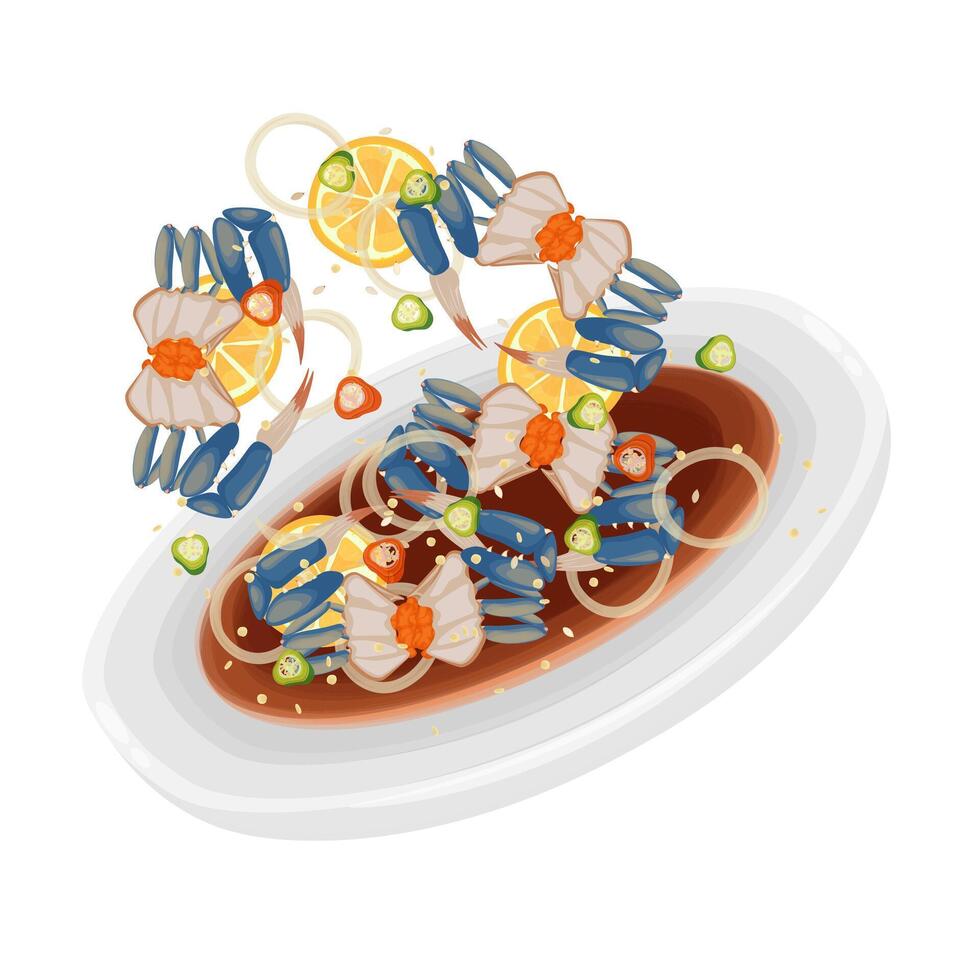 Illustration logo Clipart Levitation Ganjang Gejang Soy Sauce Marinated Crabs vector