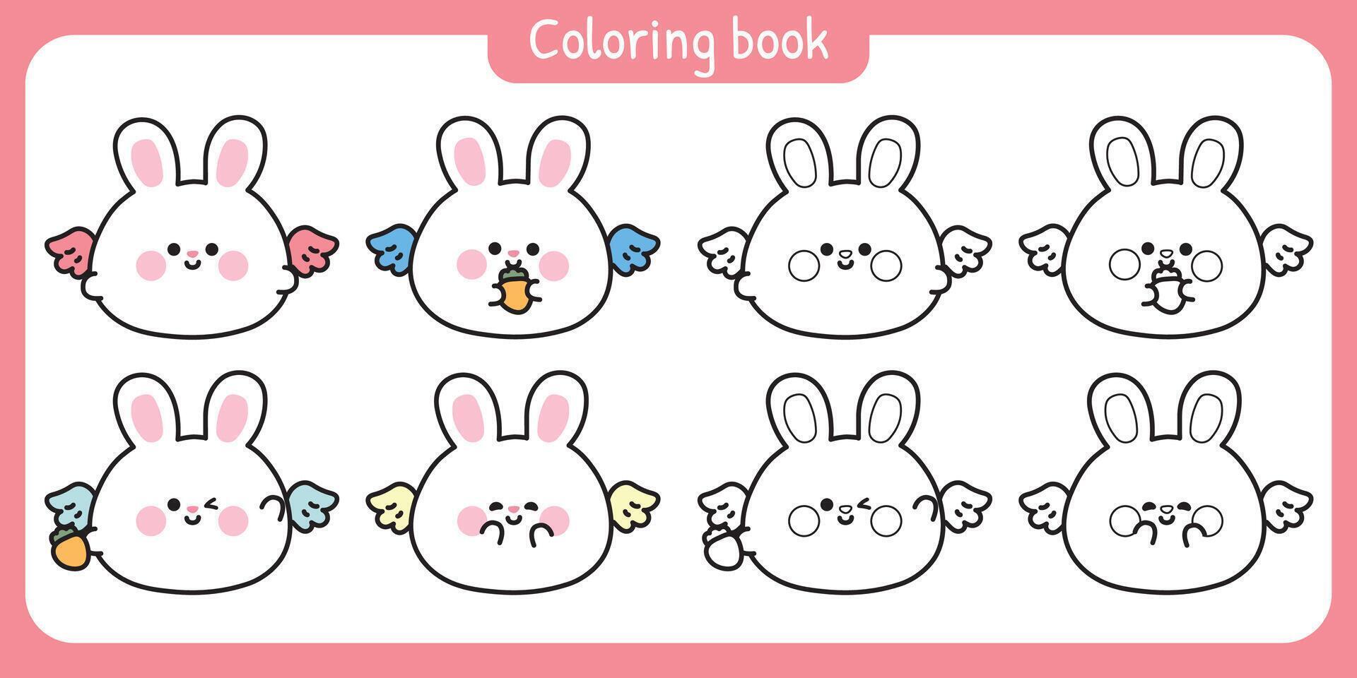 Coloring pages.Cute round shape rabbits have wing fly with carrot sky.Easter.Angle.Rodent animal character cartoon.Painting book.Kawaii.Illustration. vector