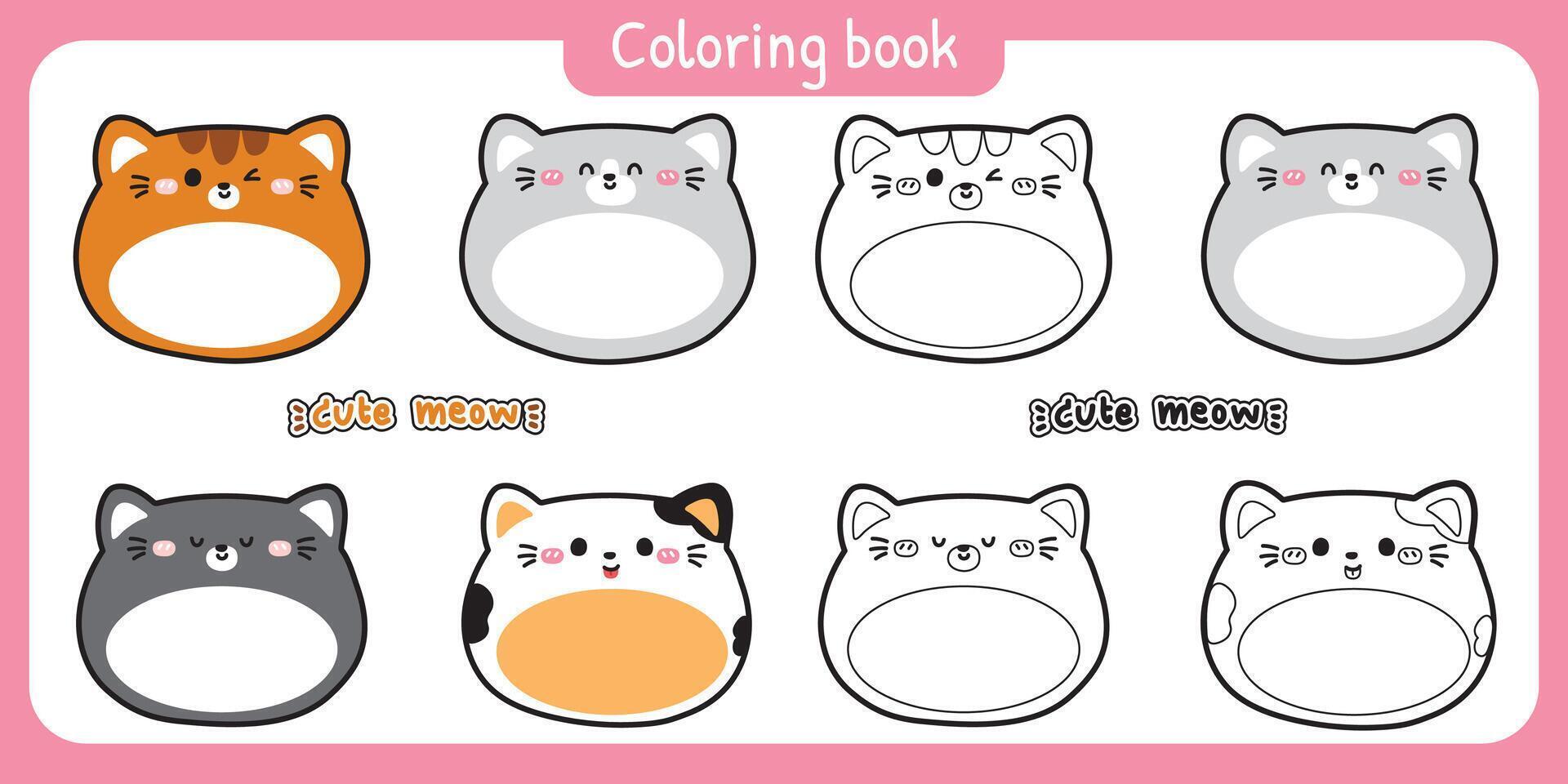 No3.Coloring pages.Set of cute round shape cats have empty space on belly.Message box for your text.Animal pet cartoon character.Meow.Painting book.Kawaii.Illustration. vector