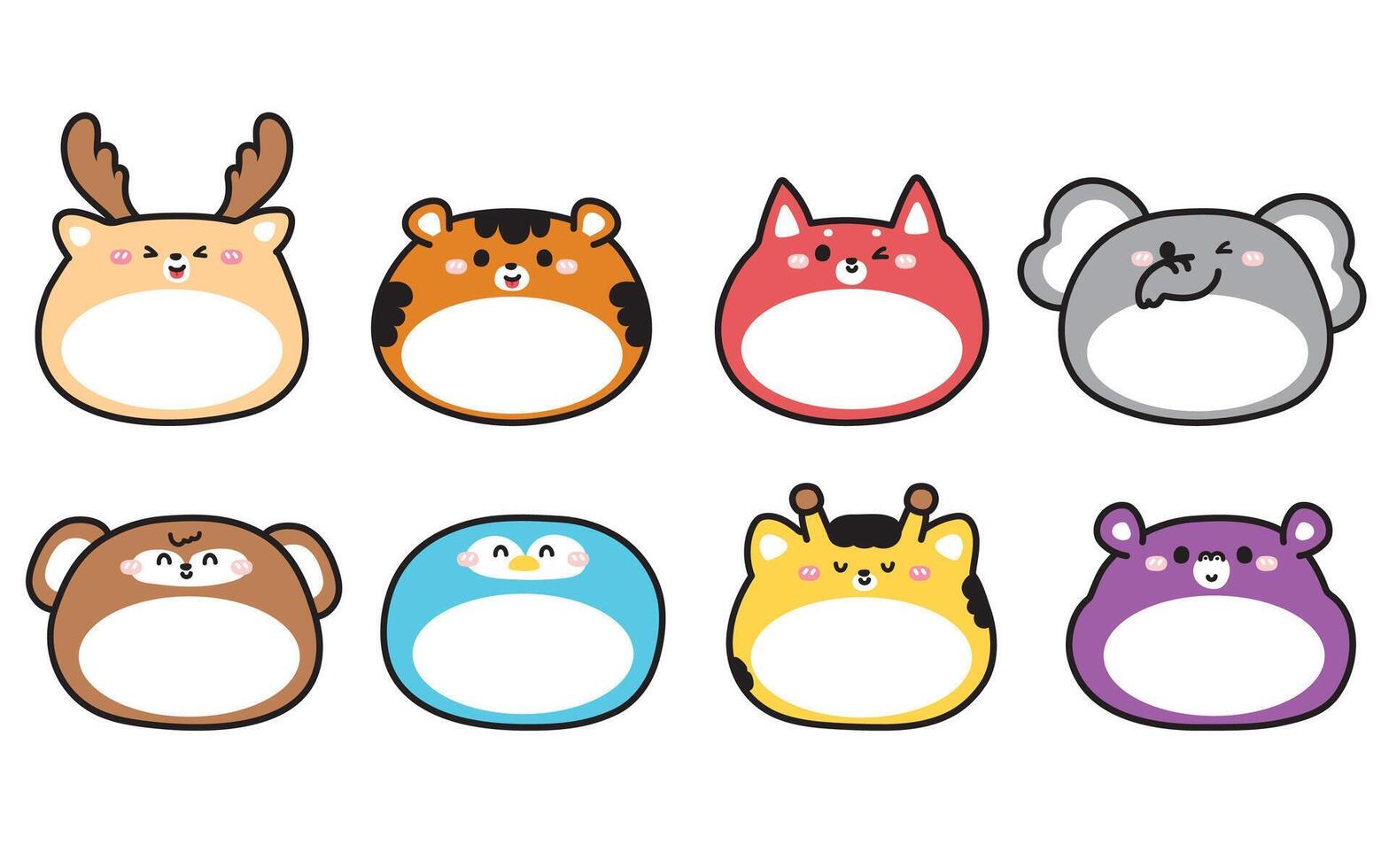 No4.Set of cute round shape animals have empty space on belly.Message box for your text.Deer,tiger,fox,elephant,monkey,penguin,giraffe,hippopotamus.Animal cartoon character.Kawaii.Illustration. vector