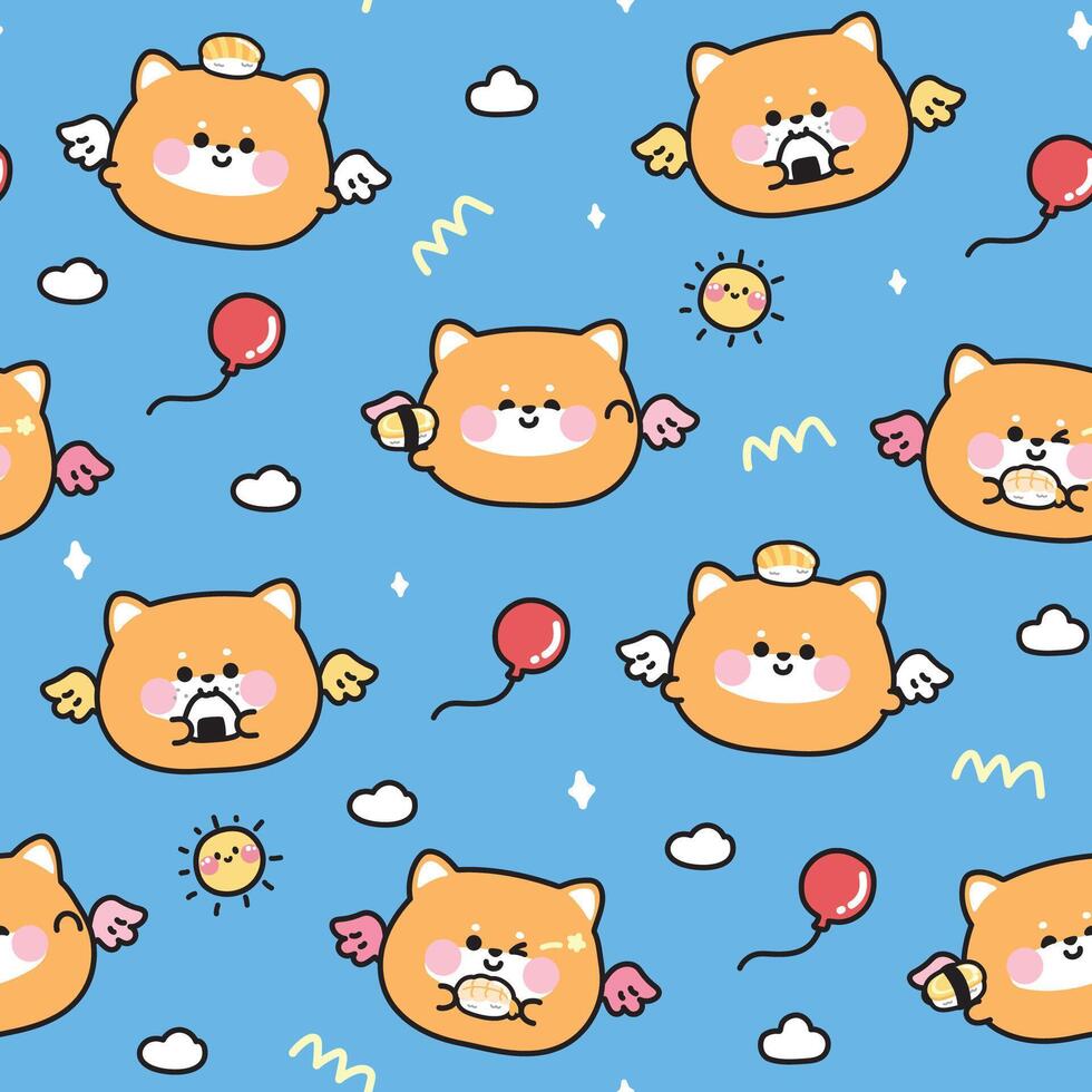 Seamless pattern of cute round shape shiba inu dog have wing fly with sushi on balloon and cloud sky background.AngleJapanese pet animal character cartoon.Kawaii.Illustration. vector