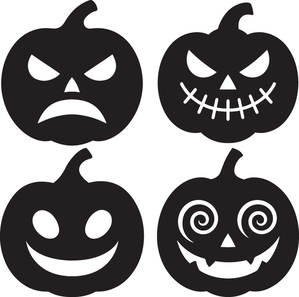 Expressive Halloween pumpkin face set with fun and spooky look in flat black silhouette illustration vector