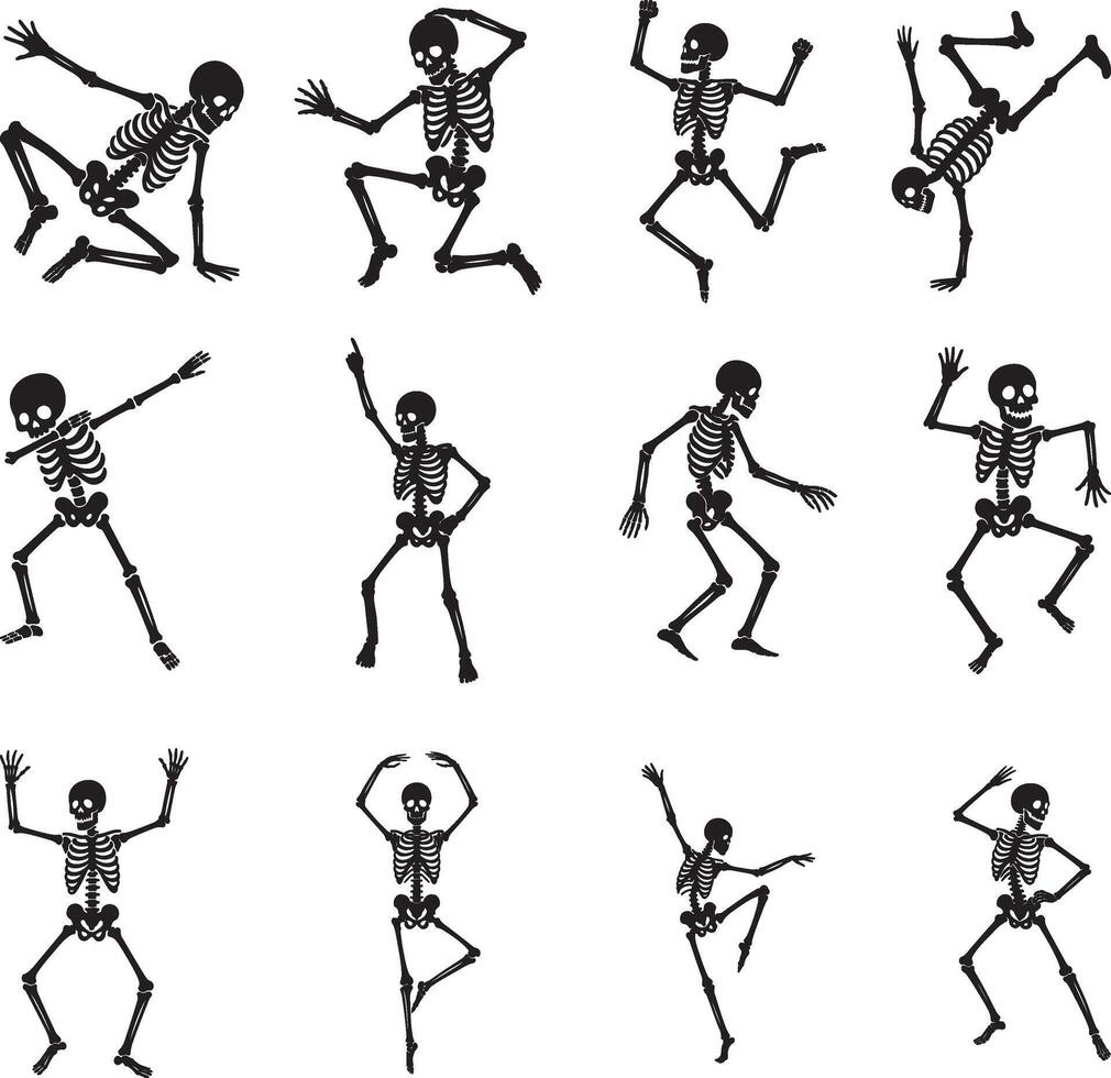 Funny dancing skeleton poses in flat black silhouette design set bundle illustration collection vector