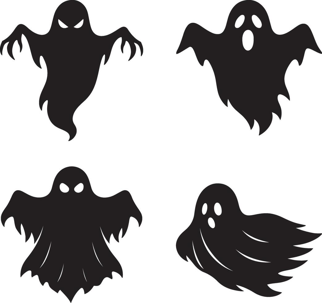 Angry and scary ghost floating set with expressive faces in flat black silhouette illustration bundle vector