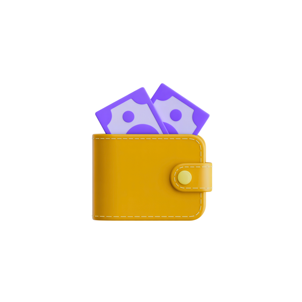3D Yellow Wallet with Purple Currency on Transparent Background for Finance Concepts png
