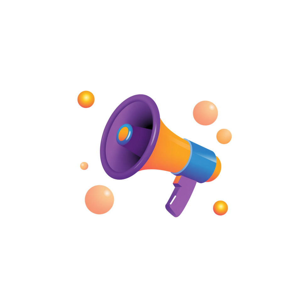 3D Realistic Render of a Megaphone in Purple, Orange, Blue and Small Bubbles png
