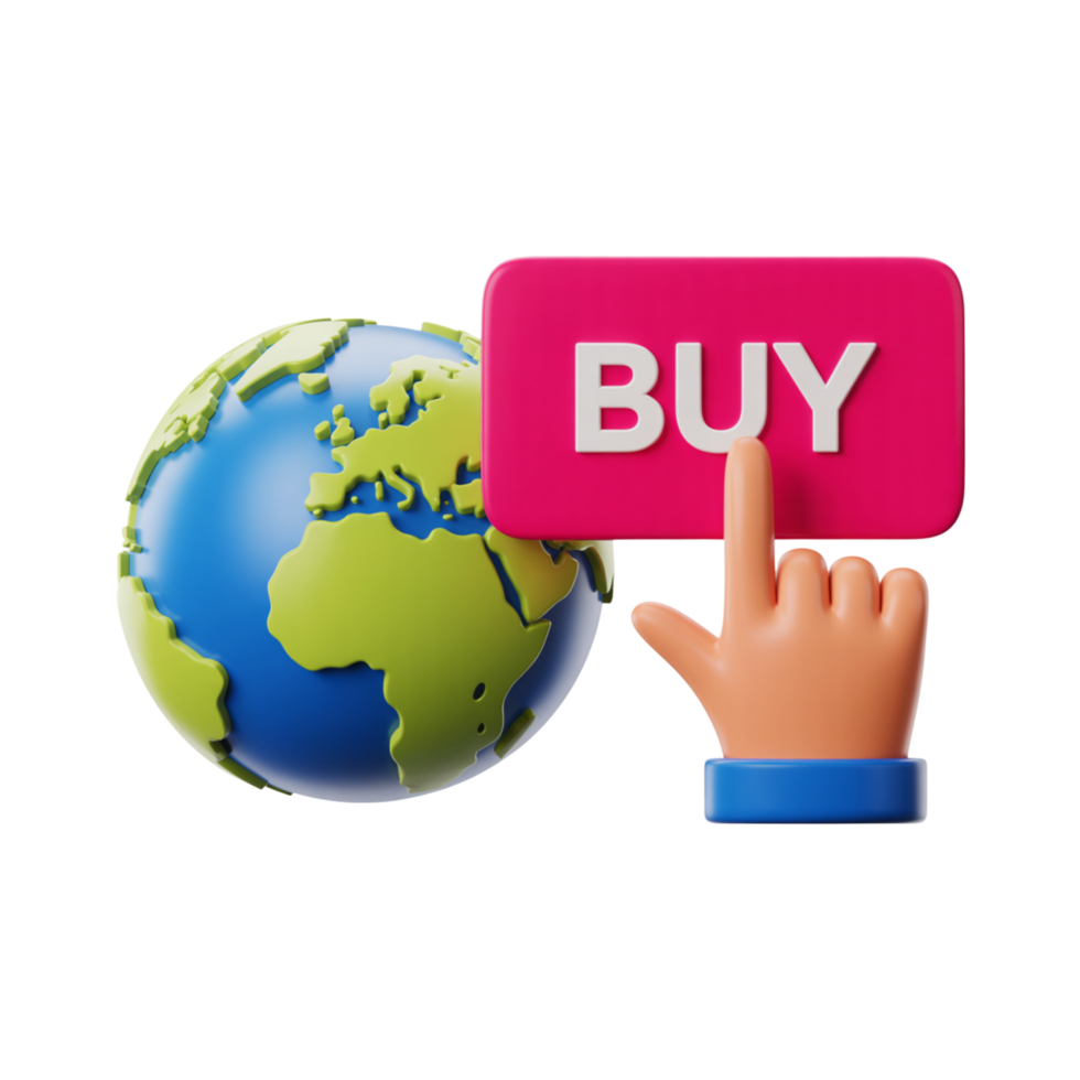 Earth Globe Buy Button, Pink Board and Hand Pressing on Transparent Background png