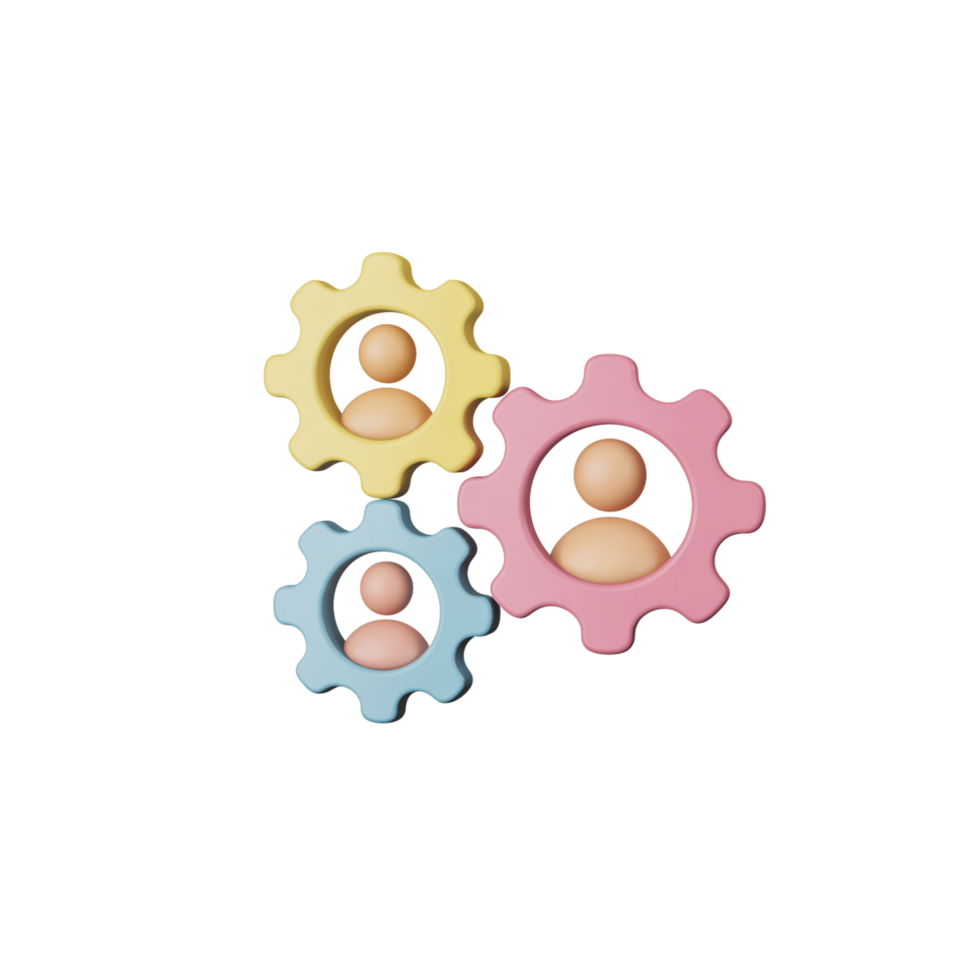 Teamwork Concept Yellow, Pink and Blue 3D Gear with People Icons on Transparent BG png