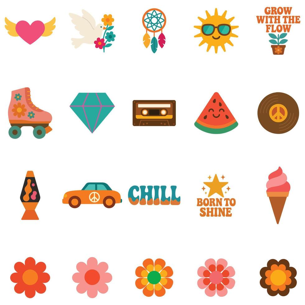 Groovy illustration, colorful groovy clipart, groovy design sublimation, retro groovy isolated Bundle vector
