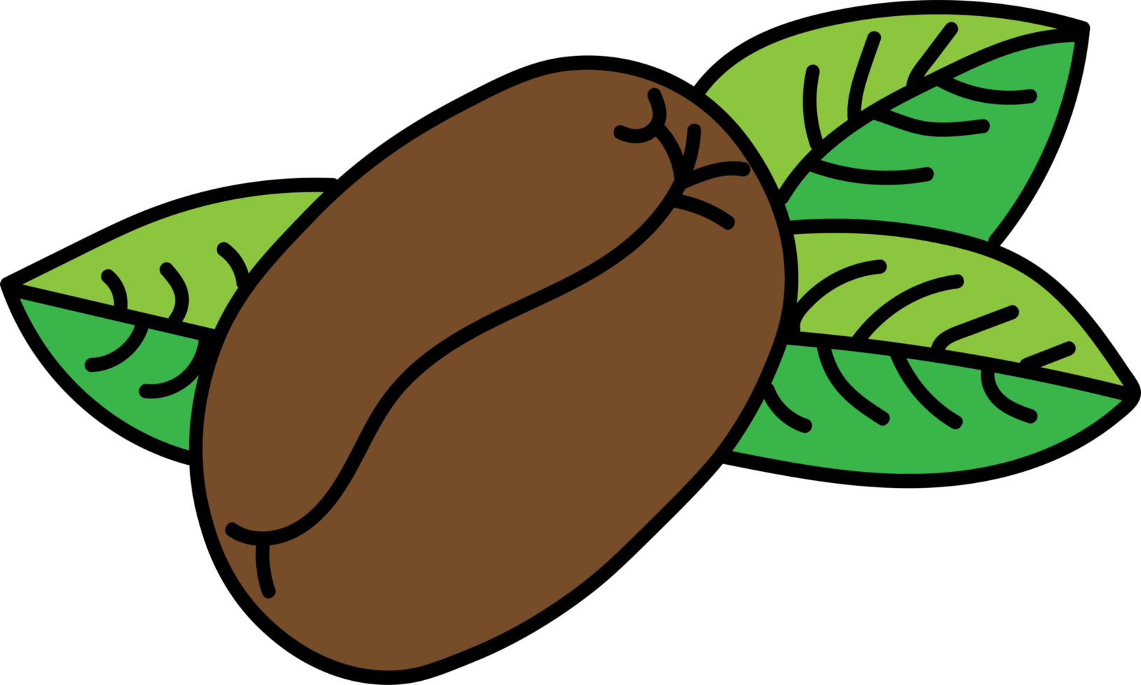 Stylized illustration of a coffee bean with green leaves, representing natural coffee and fresh ingredients, vibrant graphic for beverage png