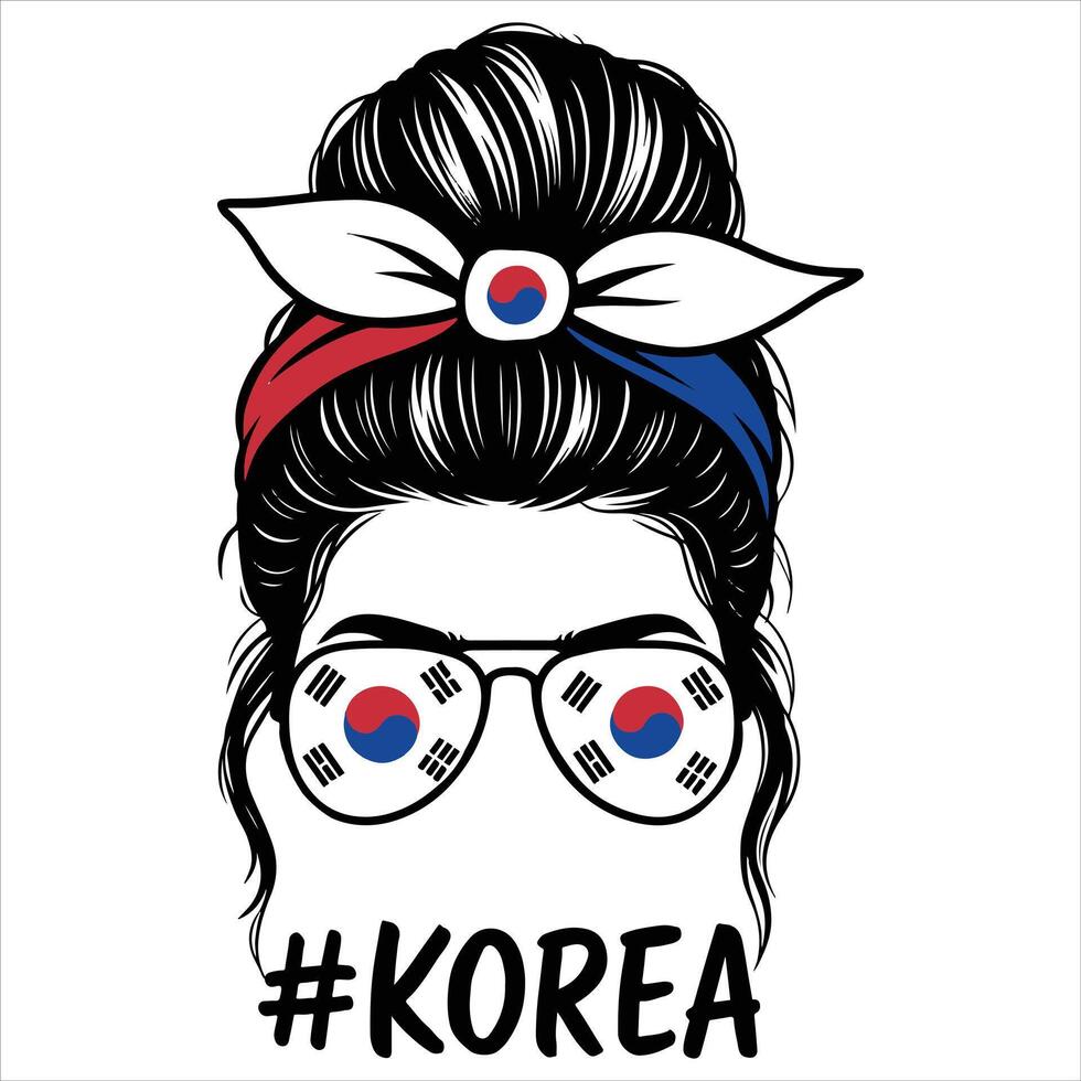 Korea Mom Messy Bun Illustration, Mama Messy Bun Hairband Clipart, Korea Flag Messy Bun Design For Mom vector