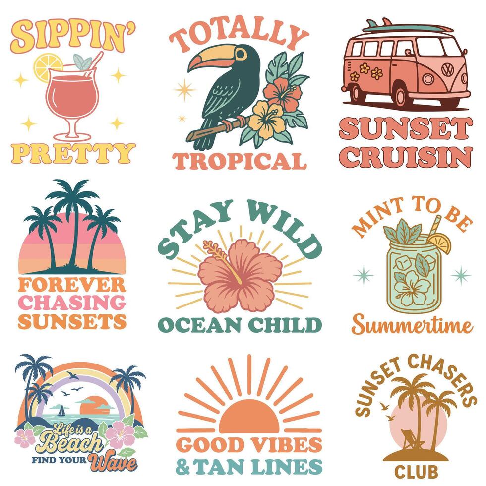 Collection of Vintage summer T-shirt , summer vacation illustration, summer season sayings, trendy summer beach Shirt Art vector