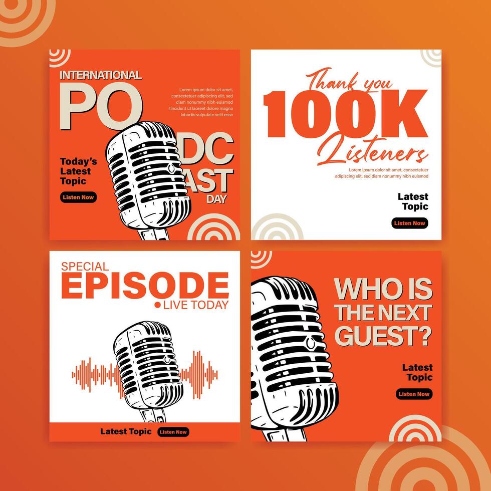International Podcast Day Social Media Posts Pack. Orange Podcast Theme vector