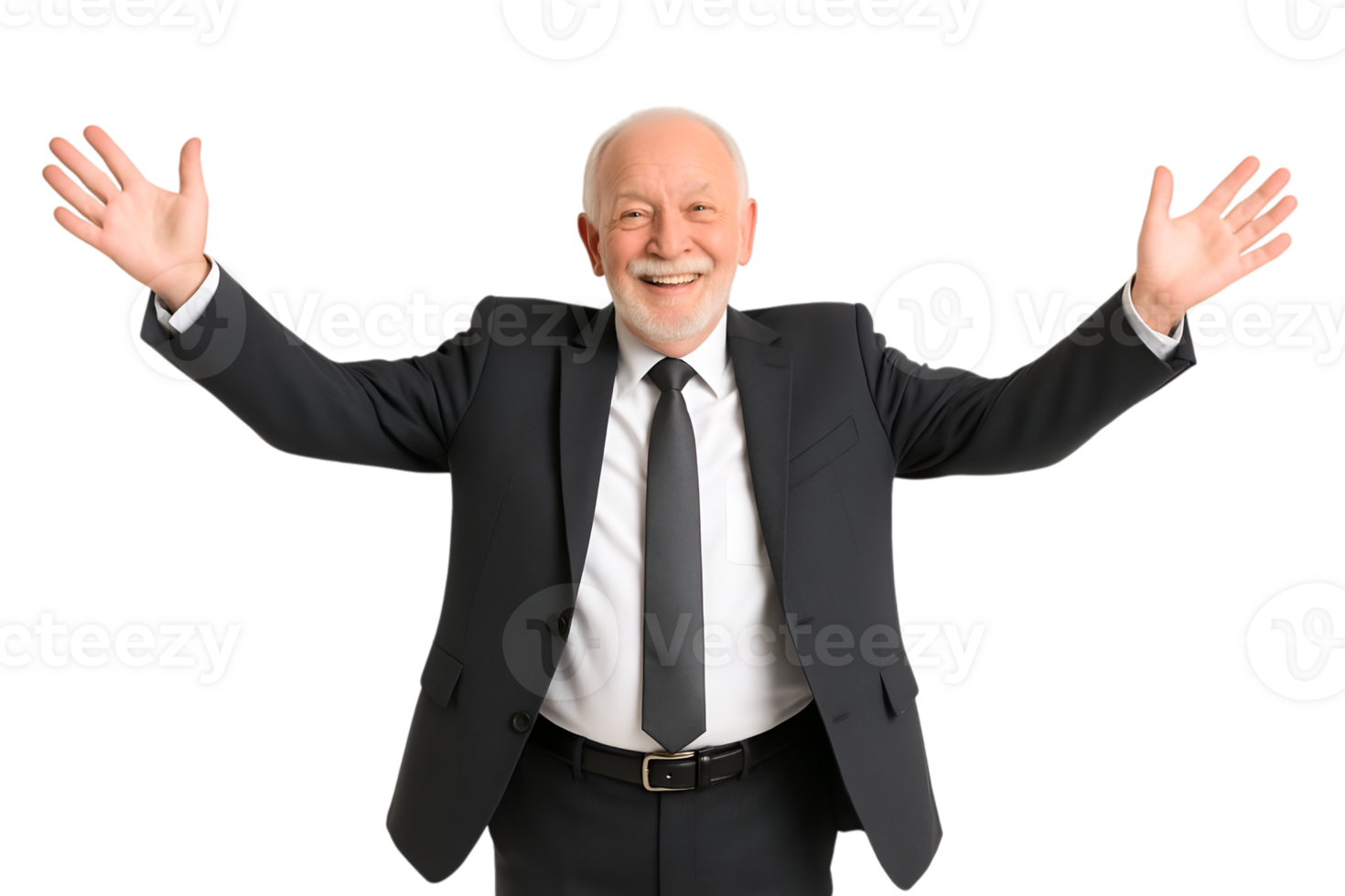 Smiling senior man in suit with open arms on transparent background png