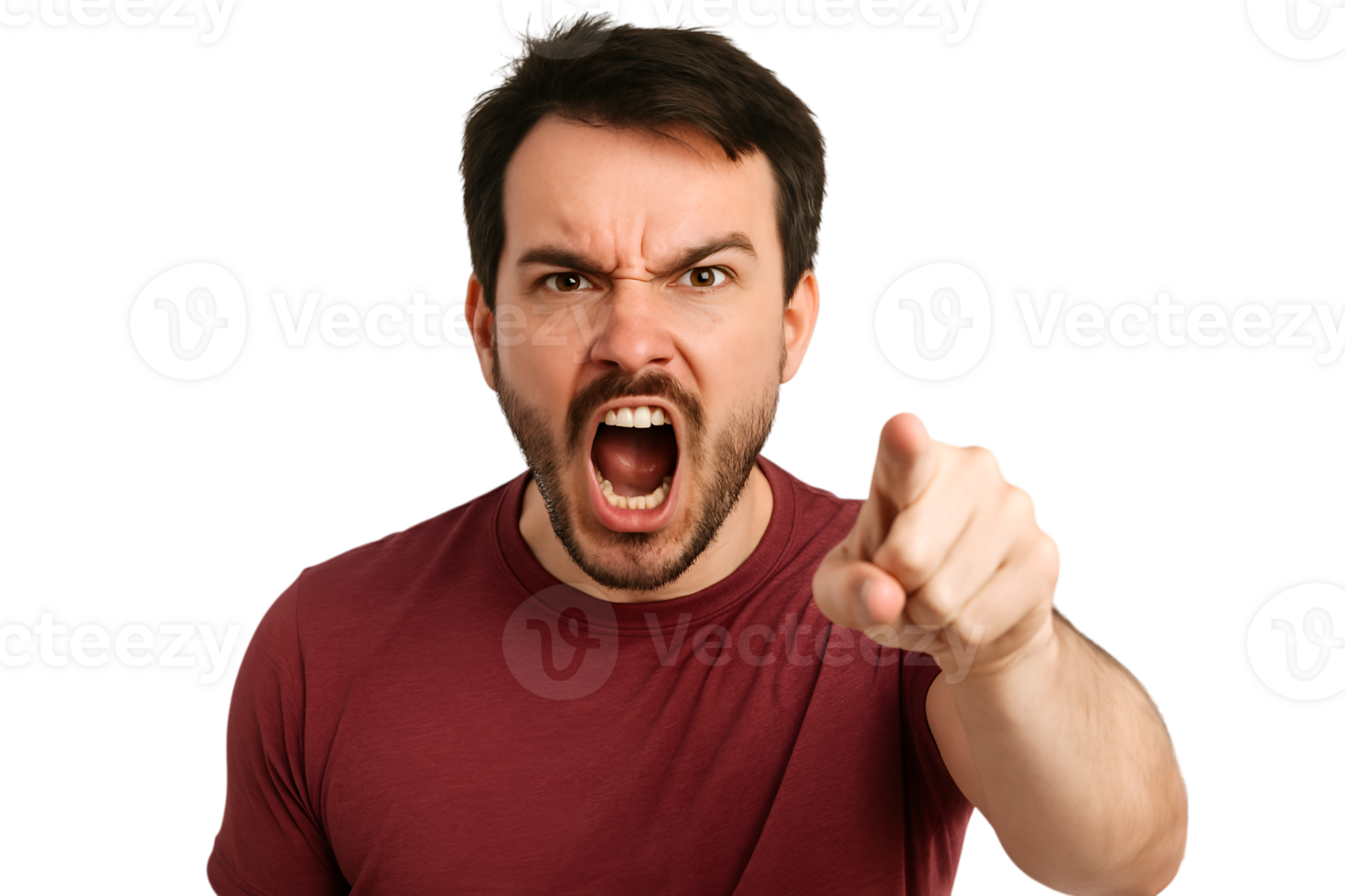 Furious man in red shirt pointing with anger on transparent background png