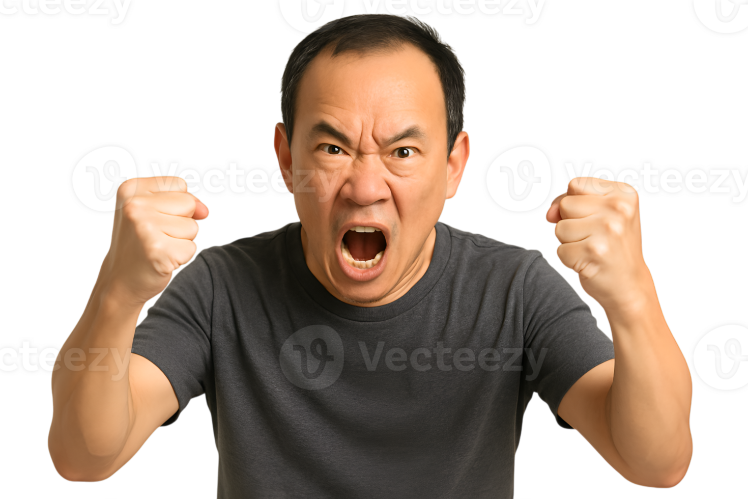 Furious Asian Man Shouting with Clenched Fists Isolated on Transparent Backdrop png