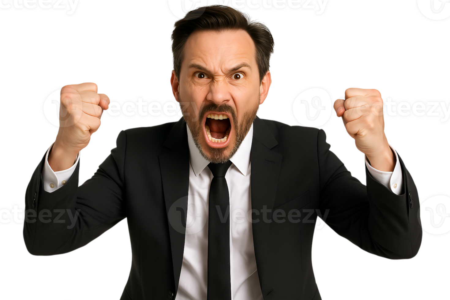 Furious Businessman Yelling with Clenched Fists on Transparent png