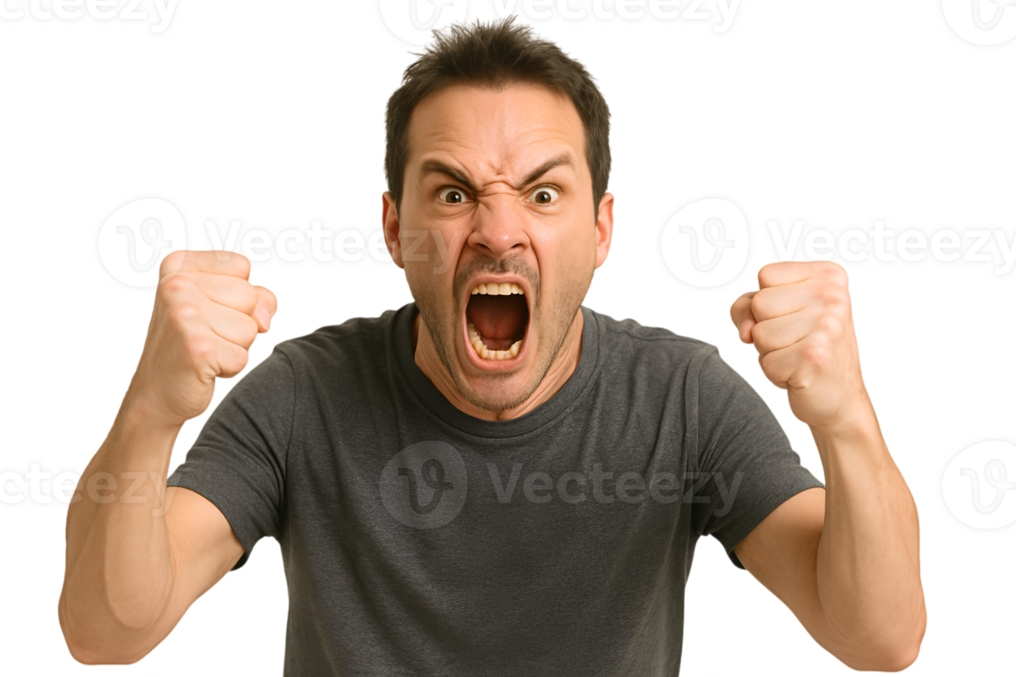 Furious Man Yelling With Clenched Fists in Portrait With Transparent Backdrop png