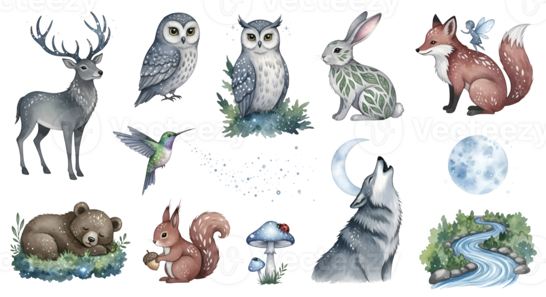 Watercolor Forest Animals Illustration Set with Transparent Backdrop png
