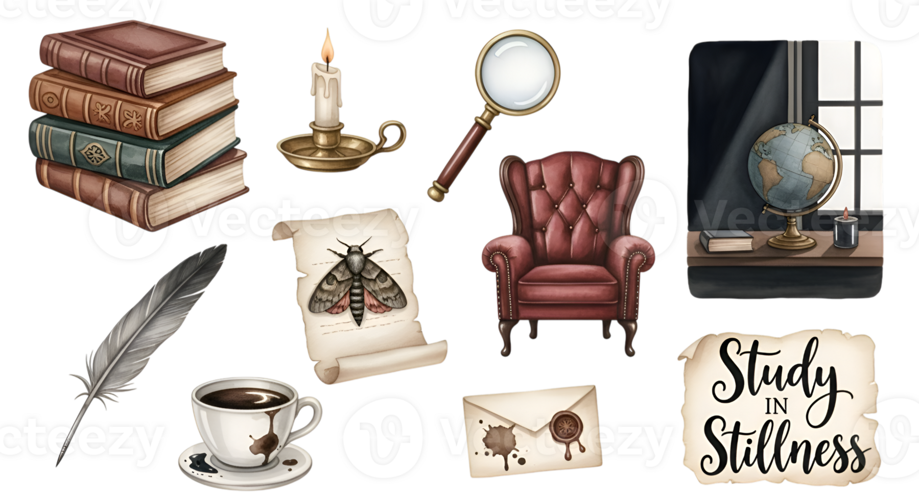 study stillness antique items with feather, books, globe, and chair png