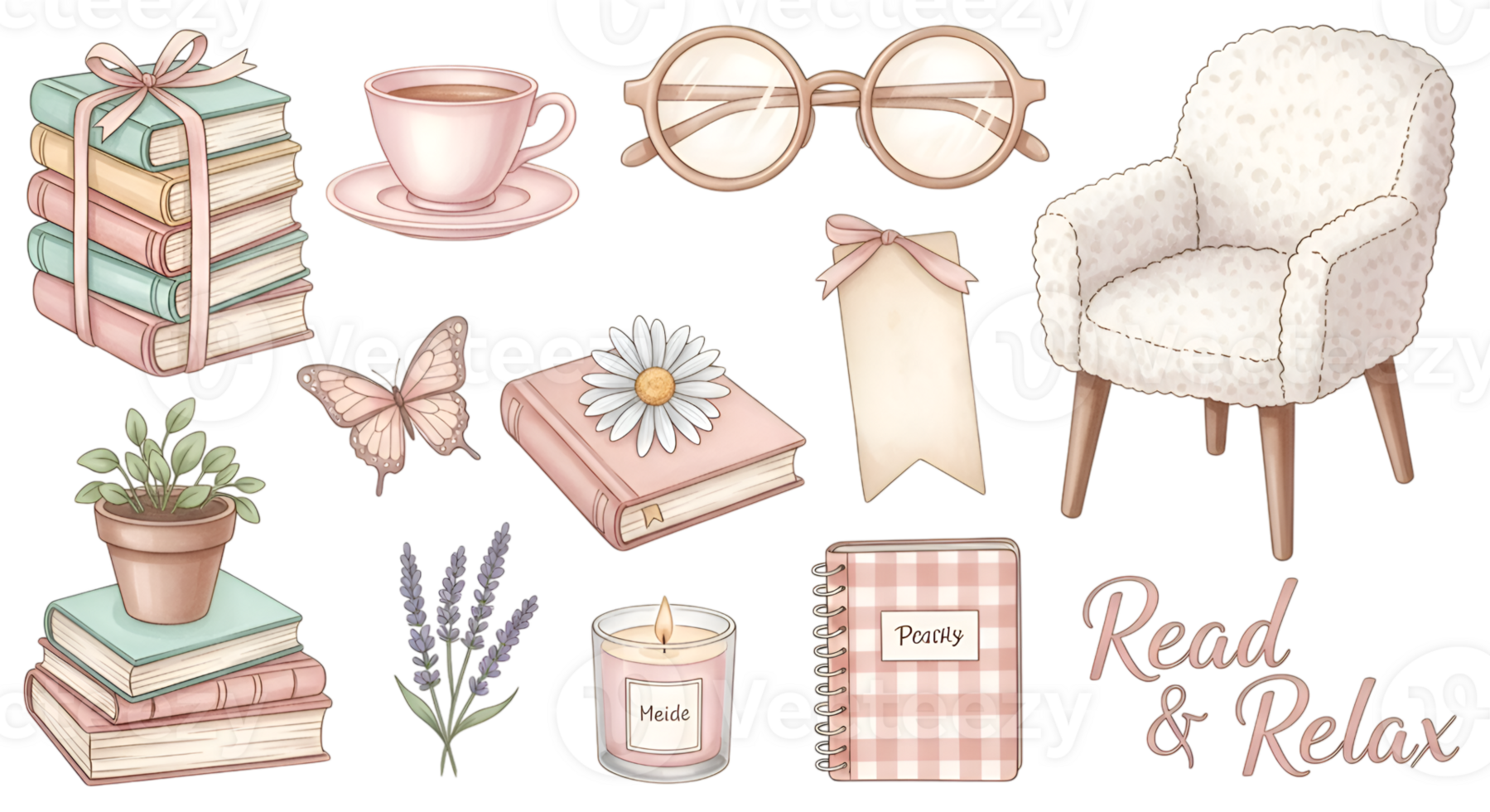 Relaxation Still Life with Books and Cozy Chair On Transparent Background png