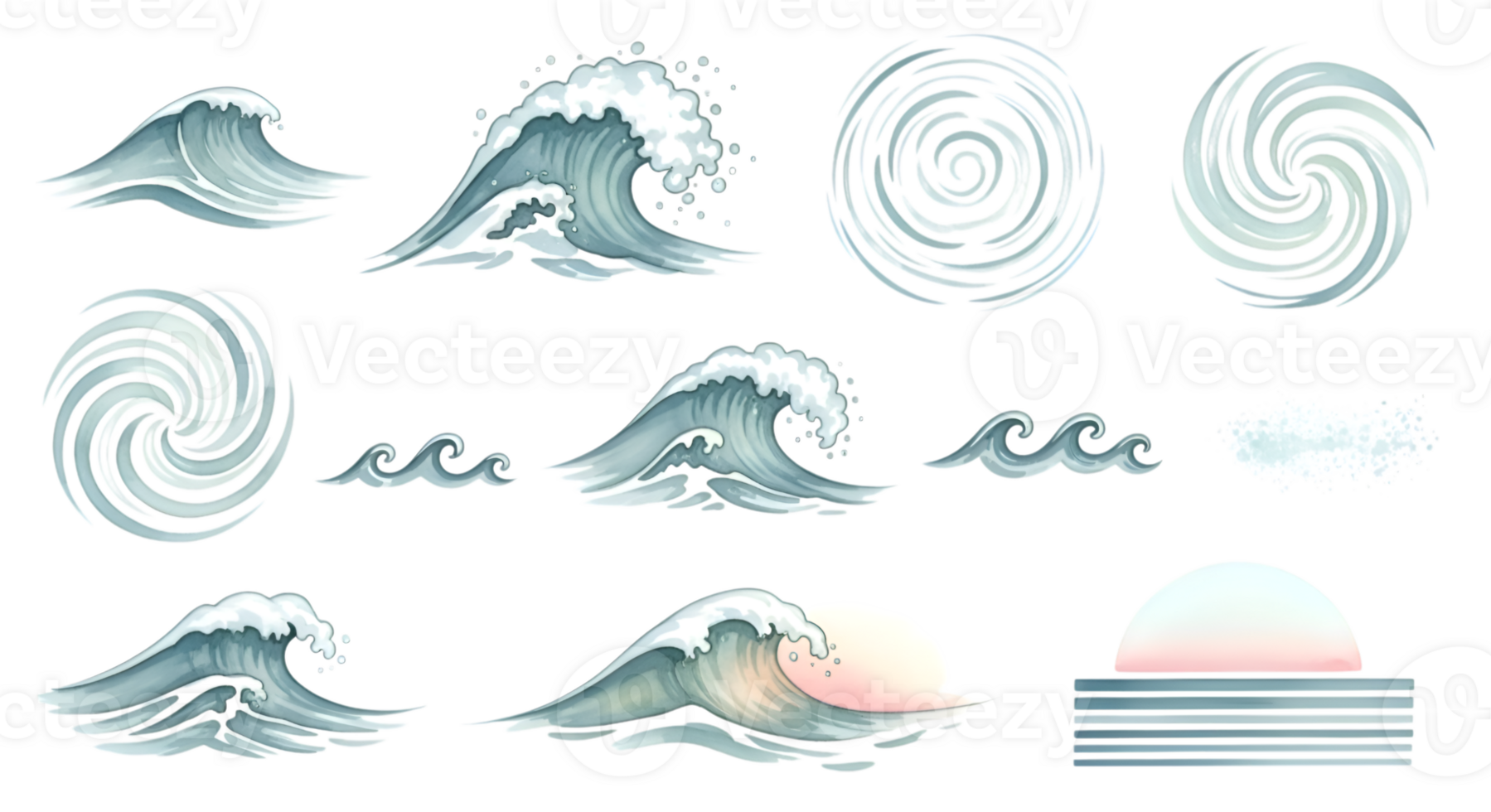 Pixel Art Waves Set Featuring Stylized Ocean Elements and Sunset png