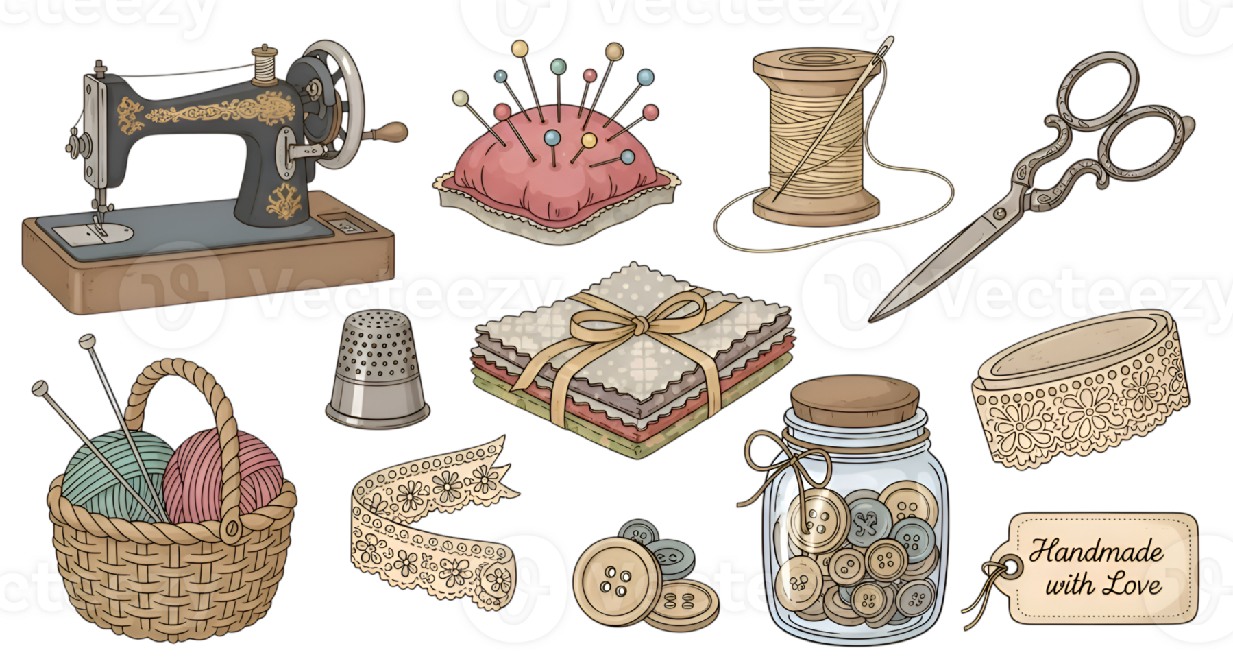 Isolated Vintage Sewing Machine and Assorted Sewing Notions png