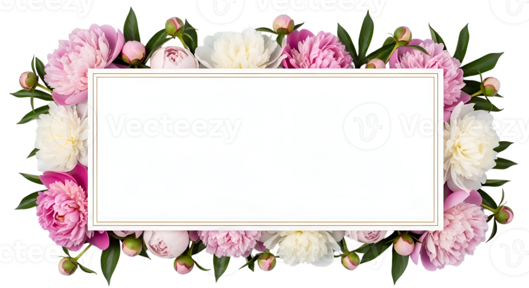 Floral Frame of Pink and White Peonies Surrounding a Blank Rectangle on a Transparent Backdrop Ideal for Wedding Invitations png